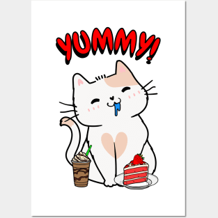 Cute white cat is having coffee and cake Posters and Art